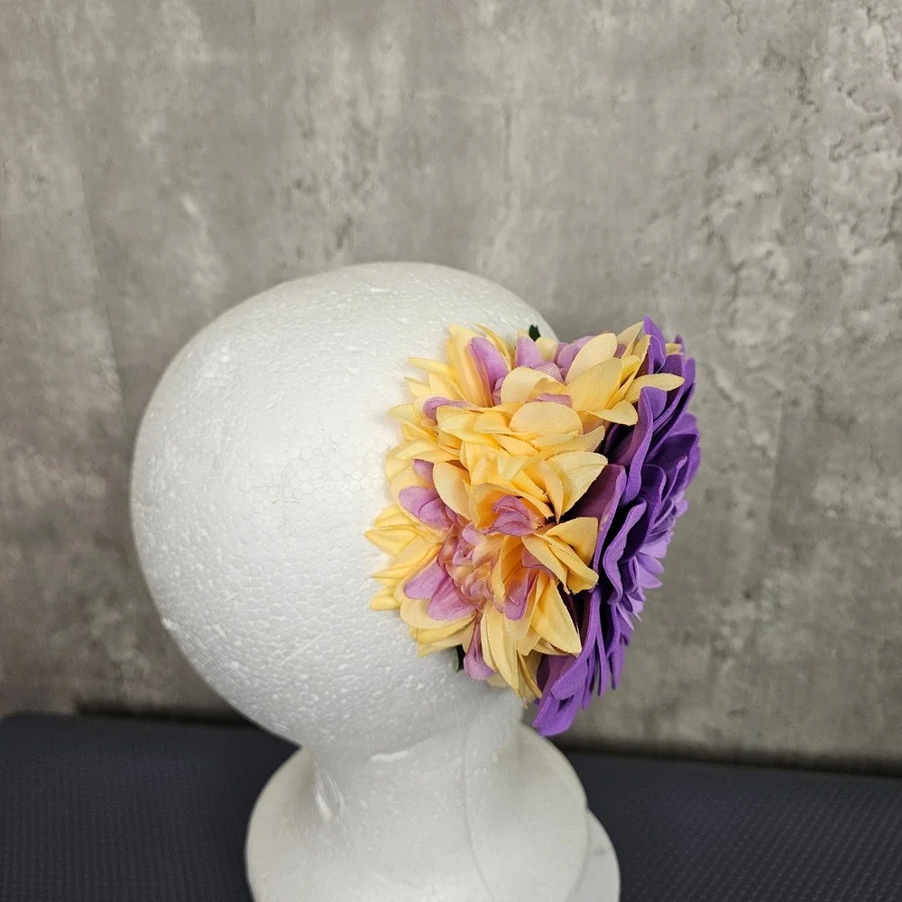 Floral Hair Clip Purple Yellow Dahlia Flower‎ Fascinator Wedding Races Tiki VLV